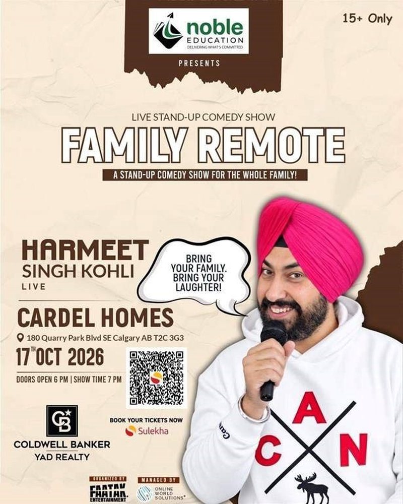 Family Remote, Harmeet Singh Kohli live Hindi and Punjabi comedy show at Cardel Homes Calgary AB, October 17 2026